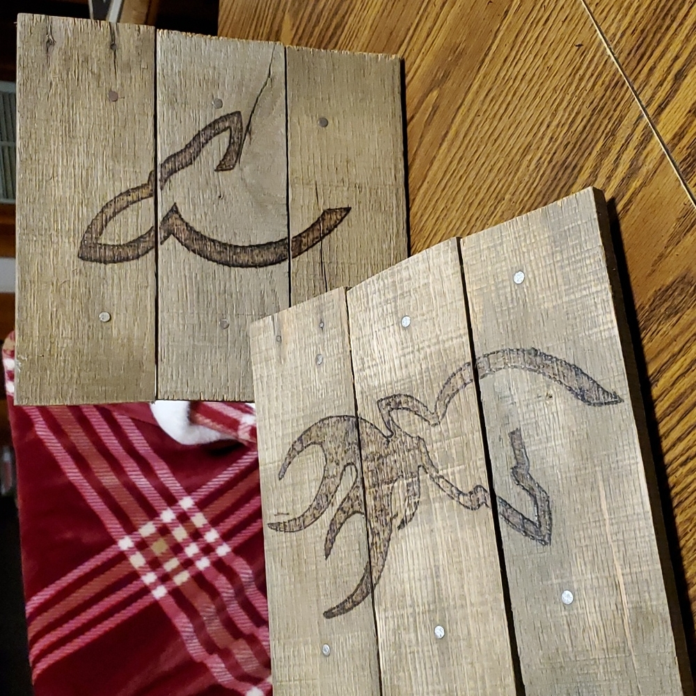 WOOD Buck & Doe Burnt Carving Wood Slats-Rustic-Wall Hangings-Pair